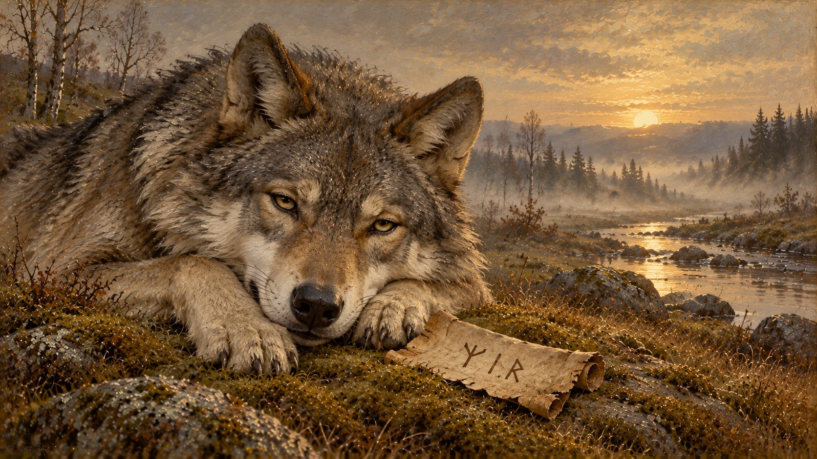 Painting: a grey wolf lies on a mossy riverbank with its head on its paws, looking wearily at the viewer. Next to it lies a small parchment scroll with a single word in runes.