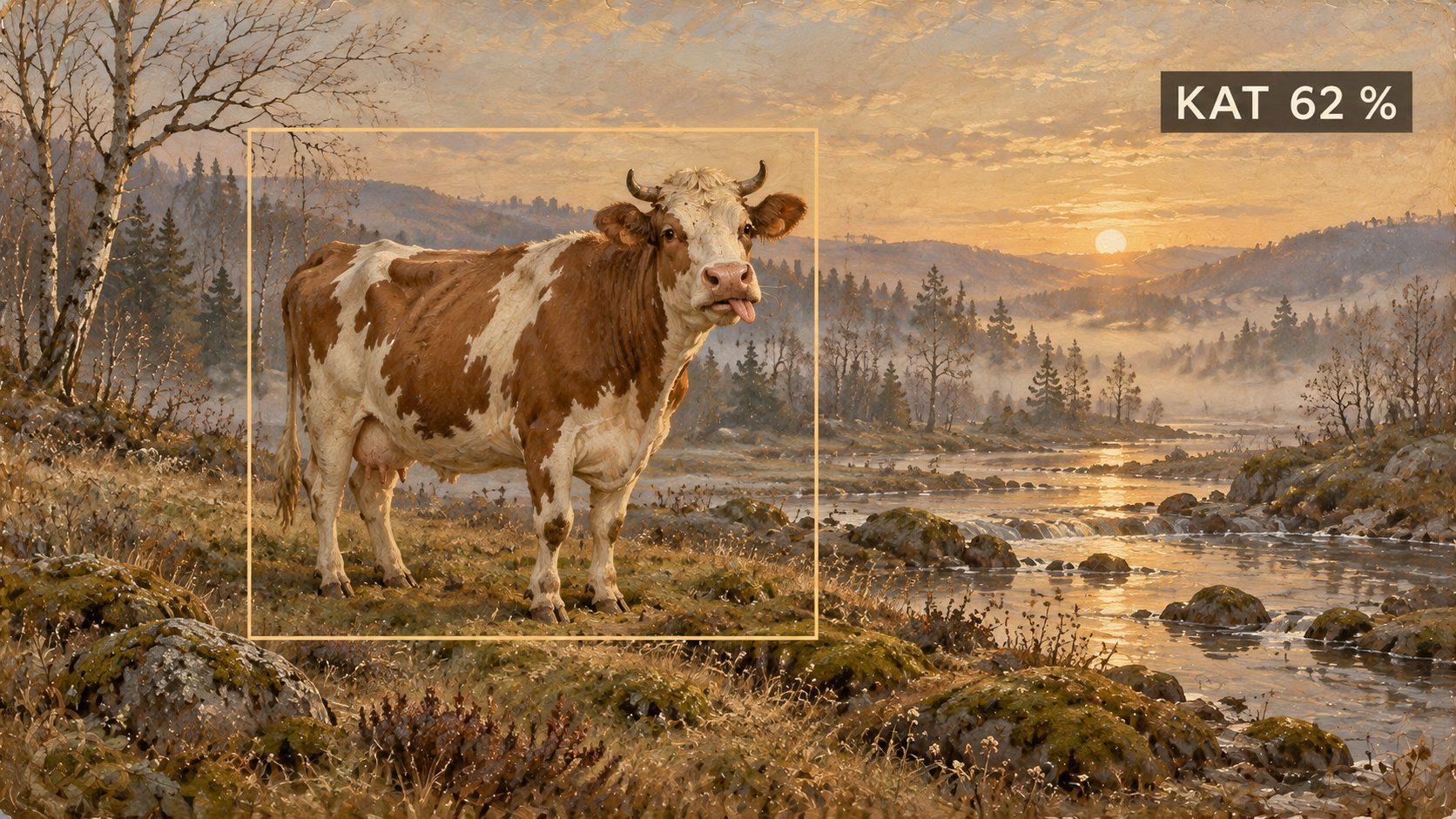 Painting: the cow stands in a misty meadow at dawn with a thin rectangular box drawn around it and a small label in the corner reading KAT 62 %.