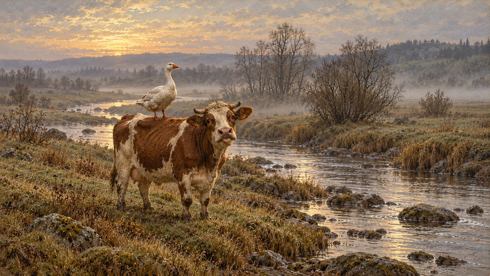 Painting: a red-and-white cow stands in a winding stream at sunrise with a white goose on its back.