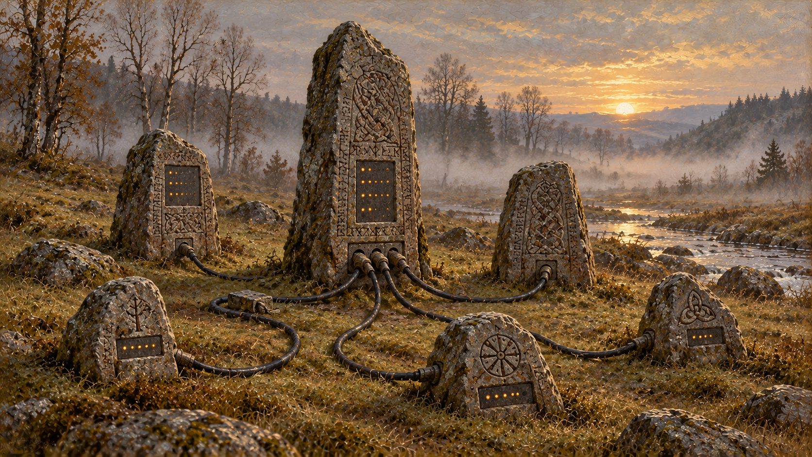 Painting: six runestones on a misty meadow at sunrise, connected by thick rope cables, each with a small glowing screen carved into the stone.
