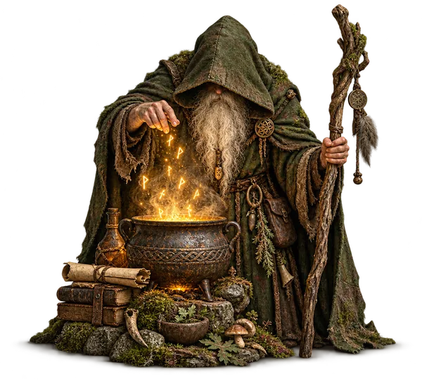 Illustration: a hooded wizard over an amber cauldron.