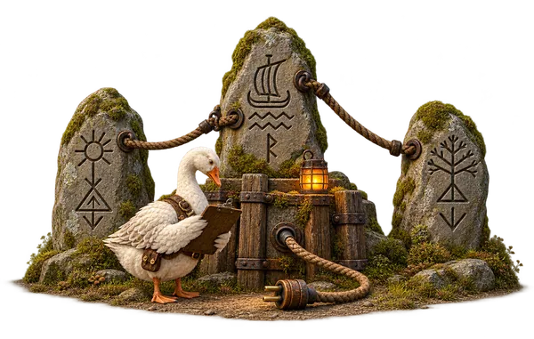 Illustration: a rune stone with rope and a loose plug, inspected by a goose.