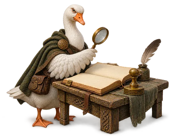 Illustration: Gudrun, a white goose, with a magnifying glass over a ledger.