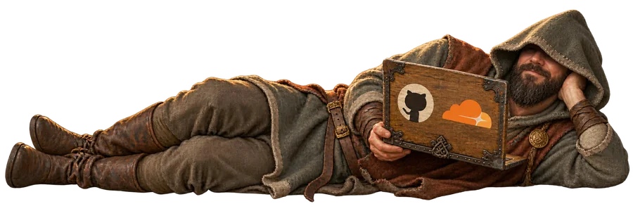 Painting: a hooded Viking lies on his side in the grass looking at a wooden laptop with the GitHub and Cloudflare marks on the lid.