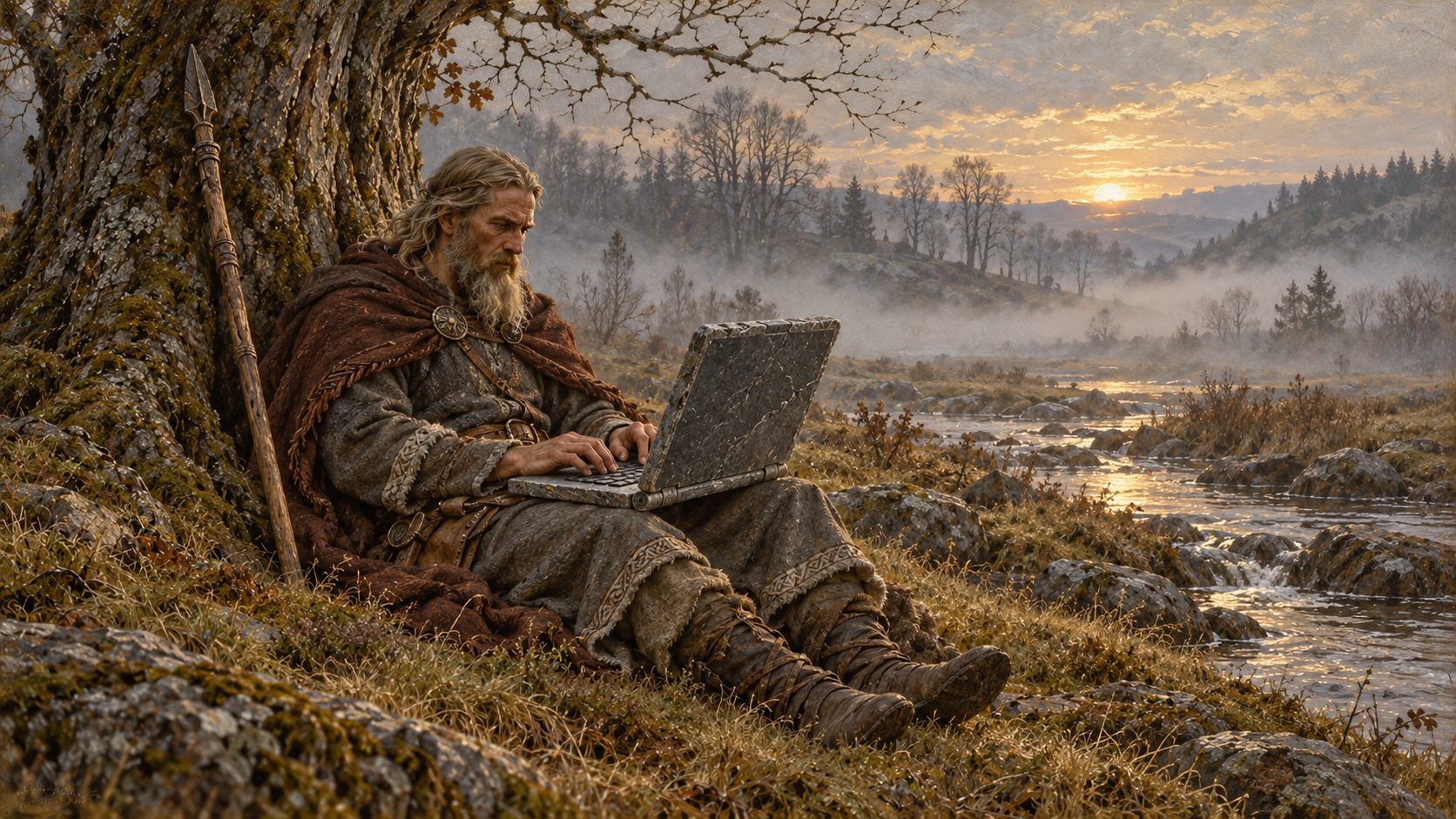 Painting: a grey-bearded chieftain in a red cloak sits under an oak by the river, typing on a laptop made of stone.