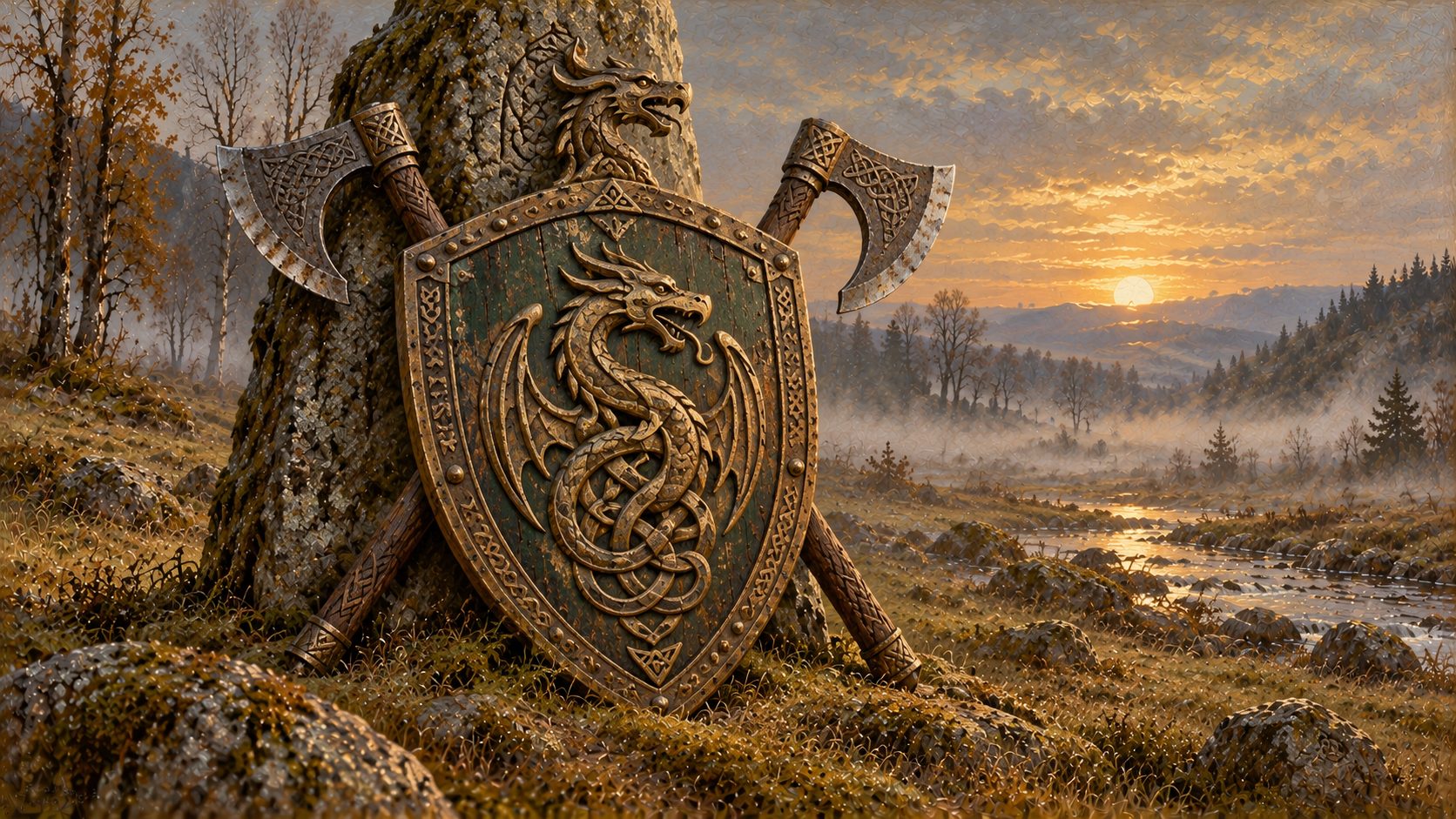 Painting: a green Viking shield with a carved dragon leans against a mossy stone, two axes crossed behind it, in front of a misty valley at dawn.