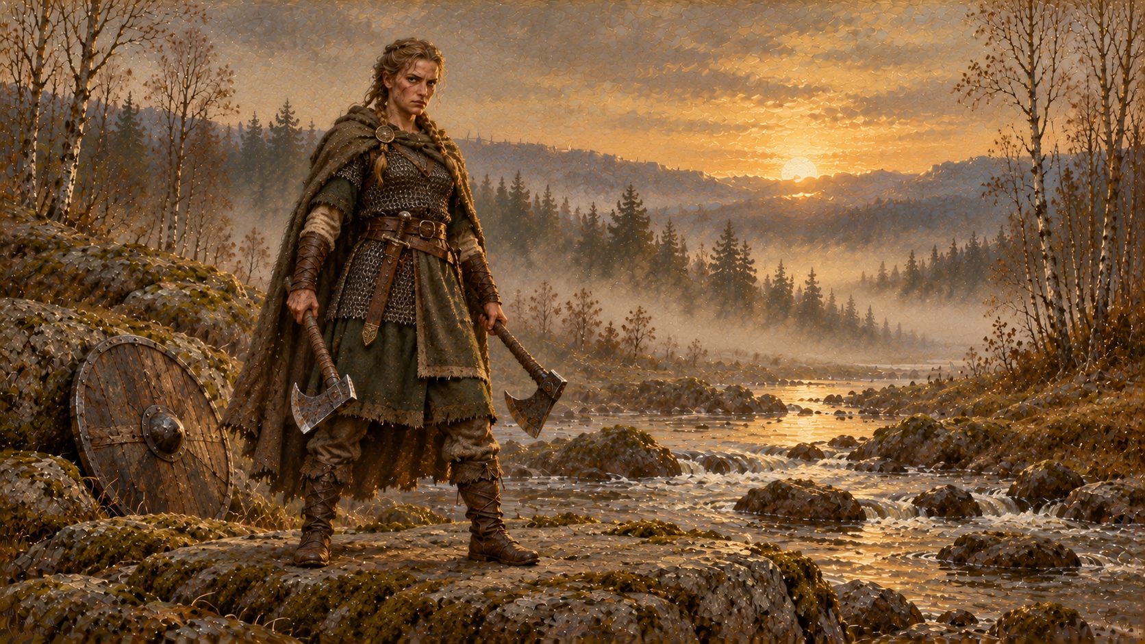 Painting: a female Viking warrior in mail and cloak stands on the riverbank at sunrise with an axe in each hand and a round shield beside her. She does not look impressed.