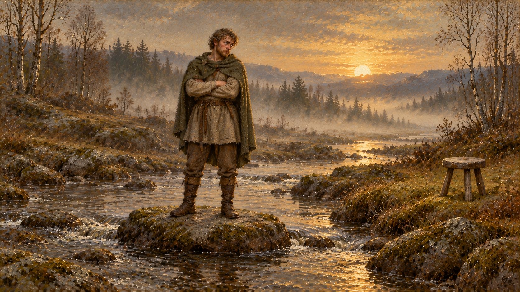 Painting: a young man in a green cloak stands alone on a stone in the river with his arms crossed. On the bank stands an empty wooden stool.