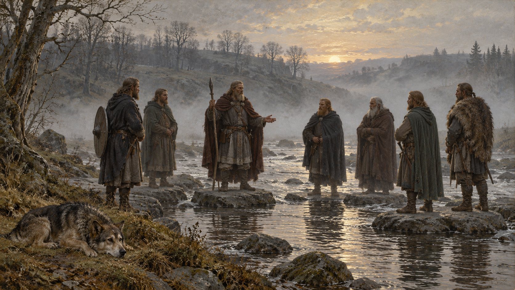 Painting: seven men of the thing stand on stones in a misty river ford at sunrise. The chieftain in a red cloak speaks, spear in hand. In the foreground a wolf lies bored.